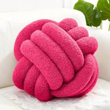 Imagem de Adlbbkiy Bola de almofada com nó rosa choque de 21 cm, almofada redonda macia feita à mão com nó, almofada de pelúcia para decoração de casa, almofada de travesseiro de pelúcia com nó, para sofá de