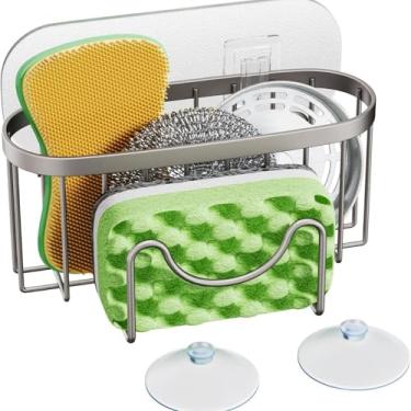Imagem de Suporte de esponja para pia de cozinha, organizador de pia de cozinha sem perfuração para esponjas, esfregadores, organizador para balcão com ventosas e almofada adesiva