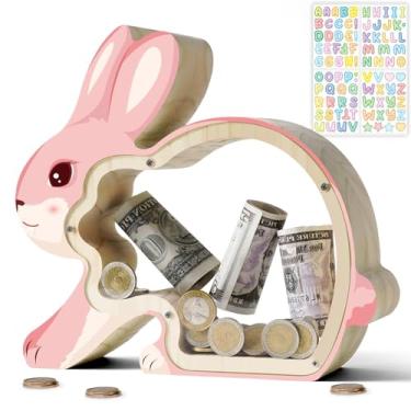 Imagem de Uniwooder Cofrinhos De Madeira Rosa Para Crianças, Cofrinho Coelho Inquebrável Crianças Com Adesivo Letras, Pote Dinheiro Personalizável Presente Aniversário, Brinquedo Educativo Meninas