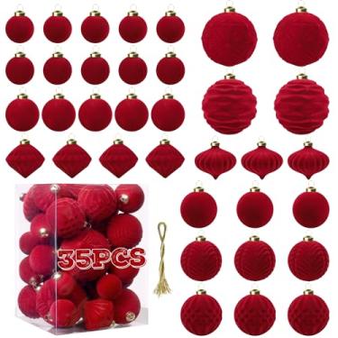 Imagem de Enfeites de bola de veludo, bolas de Natal, bordô, vermelho, 35 peças, enfeites de bola de árvore de Natal, sortidos para decoração de guirlanda de festa, decoração de chá de bebê, primeiro Natal
