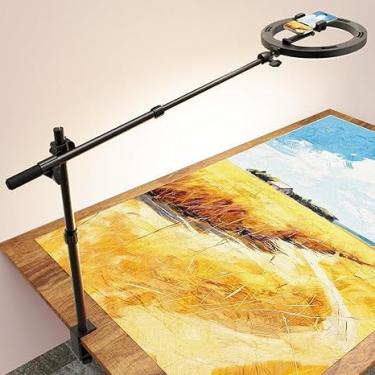 Imagem de Anel de luz para mesa com suporte de telefone e suporte de telefone - CRI > 95 - Anel de luz com suporte para gravação de vídeo, tripé de mesa ajustável com luz de anel para artista/pintura/criador de