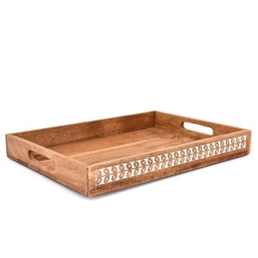 Imagem de Bandejas de servir de madeira de acácia com alças recortadas – para café, café da manhã, lanches, cozinha e decoração de casa (41 x 30 x 5 cm)