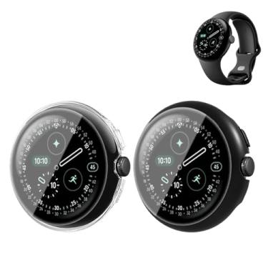 Imagem de Capa para Google Pixel Watch 4 41 mm – Pacote com 2 PC + Vidro Temperado All-in-One Capa protetora, antiarranhões, à prova de choque, impermeável, sensível ao toque, transparente e preta