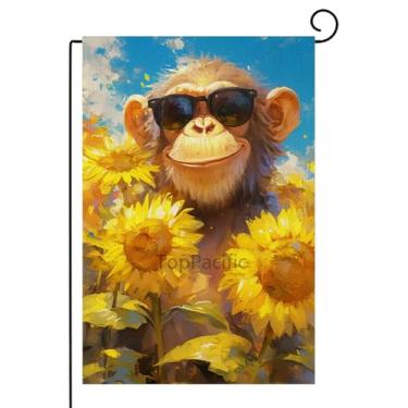 Imagem de TopPacific Bandeira de jardim de macaco com óculos de sol girassóis 30 x 45 cm bandeira de jardim pequena vertical dupla face decorativa casa quintal decoração bandeira para decoração ao ar livre