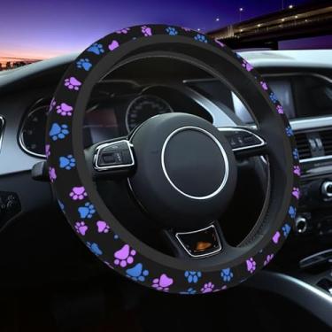 Imagem de Capa de volante com estampa de pata - roxo patas de cachorro Galaxy acessórios de volante universais 38 cm linda capa de volante para meninas mulheres homens antiderrapante respirável protetor de roda