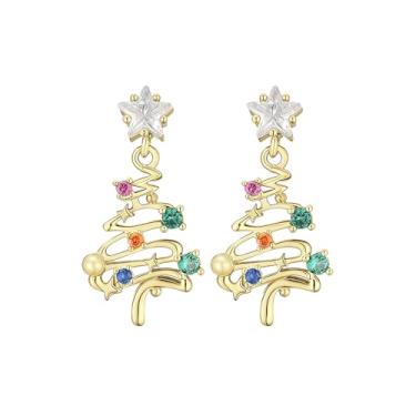 Imagem de Brincos femininos com pingente de árvore de Natal em tom de prata/dourado com pingente de árvore de cristal colorido e colorido, acessórios para festa de Natal e Papai Noel, bijuterias modernas, Small