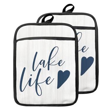 Imagem de GOOZHO Suportes de panela Lake Life Gifts com bolsos, presentes de casa Lake Life para donos de cabana, mulheres, luvas de forno resistentes ao calor, almofadas quentes para cozinha, assar e cozinhar