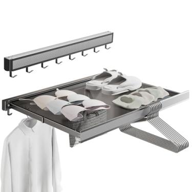 Imagem de HOHOWU Rack de secagem dobrável montado na parede, escorredor de roupas com ganchos, porta-toalhas retráteis sem broca para banheiro, pendurar ao ar livre, roupas, sapatos, meias, prateleiras-cinza