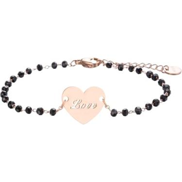 Imagem de Pulseira feminina em forma de coração, pingente de amor de aço inoxidável com contas pretas, pulseira banhada a ouro com letras de amor simples para presentes femininos, One Size, Aço inoxidável, Sem