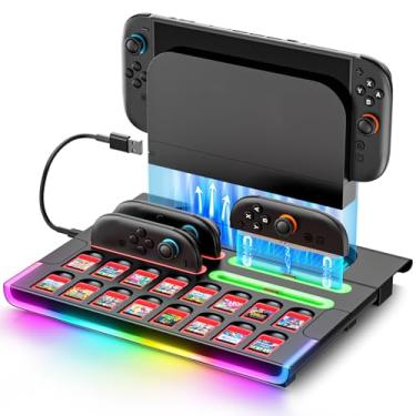 Imagem de Tokluck Estação organizadora para 2025 Switch 2 controles e console, estação base magnética Fast Joy-Con 2 com 9 modos RGB, Switch 2 bases de armazenamento com 16 compartimentos para cartão de jogo