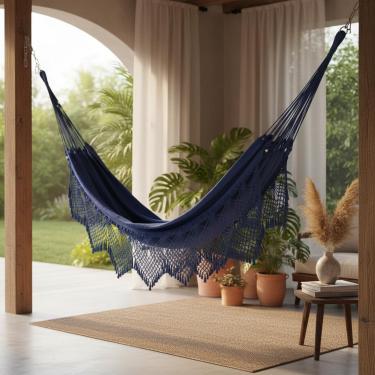 Imagem de REDESDEDORMIR.COM Rede de Dormir Artesanal Ostra, Azul Royal, 100% Algodão Natural, Casal, 2,80m x 1,60m, Capacidade 200kg, Acabamento em Macramê