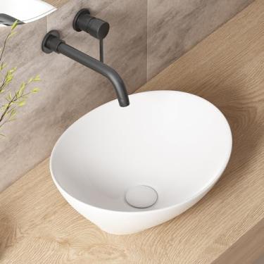 Imagem de Pia de banheiro pequena acima do balcão, pia oval de vaso OCEALAGOON de 40,6 cm x 33 cm, pias de porcelana de cerâmica para banheiros, pias de banheiro brancas para trailer, lavabo, banheiro