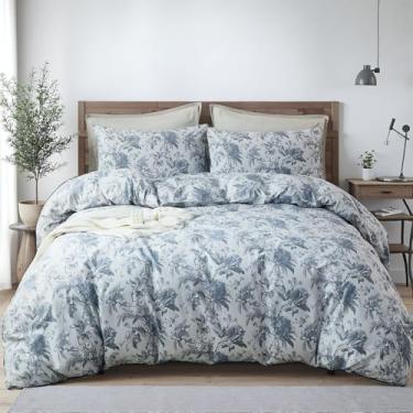 Imagem de Cozaline Conjunto de capa de edredom 100% algodão Queen – Conjunto de cama com estampa de folhagem azul e cinza, 3 peças, capa de edredom leve e respirável com fecho de zíper, conjunto de cama floral