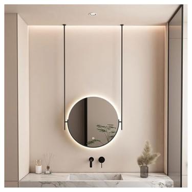 Imagem de ZDJZMGZ Espelho de teto suspenso no teto, espelho redondo montado na parede, espelho decorativo iluminado espelho de parede de banheiro com botão de toque, para casas de hotéis (preto, 50 cm)