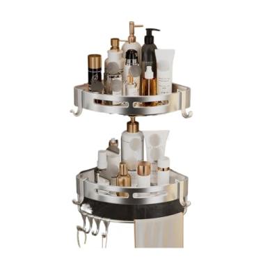 Imagem de LXPYMXDP Prateleira de canto adesiva de 2 camadas com ganchos, prateleira de banheiro para cozinha, banheiro e banheiro