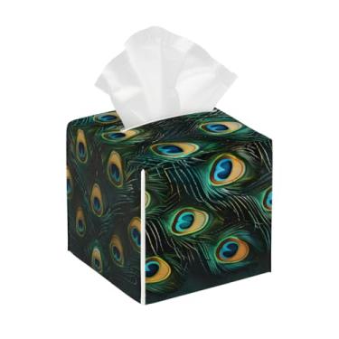 Imagem de Suporte quadrado de couro para caixa de lenços de papel, impermeável, pena, pavão, verde, vintage, organizador de papel facial com cinto inferior, estojo de lenços para mesa, banheiro, escritório