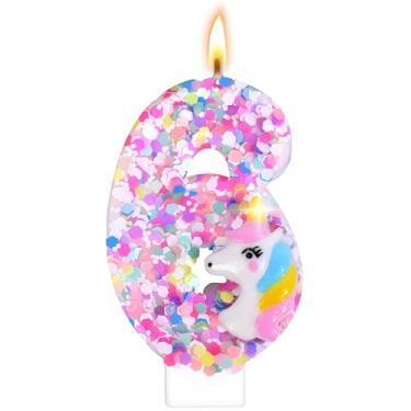 Imagem de Decoração de velas de aniversário com número de unicórnio, suprimentos de festa de aniversário com tema de unicórnio, topo de bolo de aniversário de lantejoulas com glitter para meninos e meninas