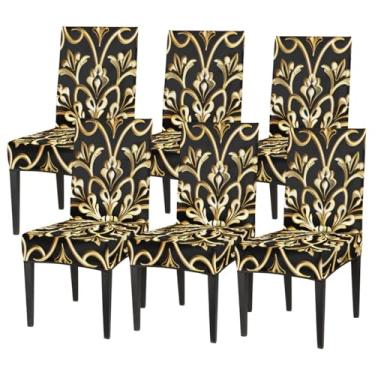 Imagem de hongjinglin Conjunto de 6 capas elásticas para cadeira de sala de jantar, conjunto de 6 capas protetoras de assento de cadeira, padrão dourado, removível, lavável, para cozinha, casa, hotel, banquete