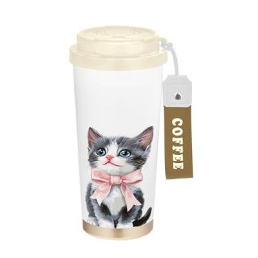 Imagem de SEHANY Caneca de viagem de gato gatinho fofo de 482 g xícaras de café reutilizáveis revestidas de cerâmica com tampa à prova de vazamento, parede dupla, isolamento a vácuo, copo de café de aço