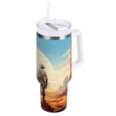 Imagem de xigua Copo vintage Western Cowboy de 850 g com tampa e canudo, aço inoxidável de vácuo duplo isolado garrafa de água esportiva suporte para copo de café de viagem à prova de vazamento para bebida