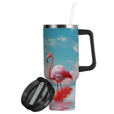 Imagem de ATTX Copo de flamingos rosa tropical de 850 g com alça, copo de aço inoxidável a vácuo de parede dupla com palha, caneca de café de viagem isolada #120