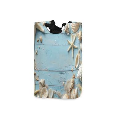 Imagem de Blueangle Cesto de roupa suja dobrável de madeira azul com alças – Saco de cesto de roupa impermeável dobrável | Solução de armazenamento de roupas que economiza espaço para dormitório doméstico (597)