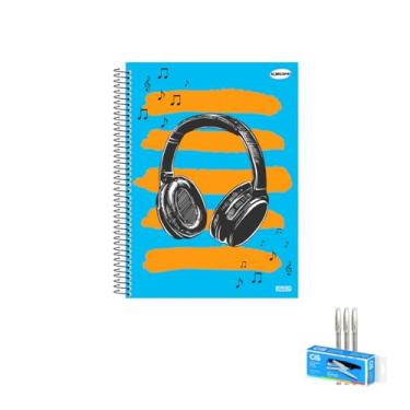 Imagem de Kit Caderno Masculino KBOM 10 Matérias 200 Folhas + Caneta Trigel Branca 0.8mm + Grampeador Alicate S-150