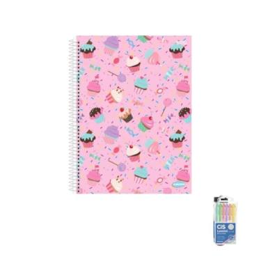 Imagem de Kit Caderno Feminino 10 Matérias 200 Folhas KBOM + Caneta Esferográfica 0.7mm Sortidas + Marca Texto Lumini Pastel 6 Cores