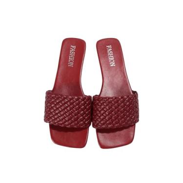 Imagem de Sandália feminina com bico aberto e rasteira, elegante, trançada, sem cadarço, Borgonha, 36