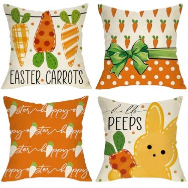 Imagem de Fjfz Capas de almofada decorativas Happy Easter Carrots Peeps 20 x 20 conjunto de 4, laranja coelho coelho varanda decoração de casa ao ar livre, capa de almofada de sofá de bolinhas de primavera