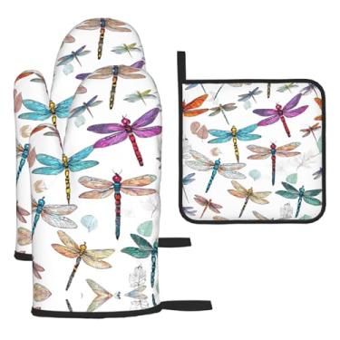 Imagem de Conjunto de cozinha essencial de 3 peças com estampa de libélula colorida, luvas resistentes ao calor e alça de tampa, proteção para churrasco no forno, design de armazenamento suspenso.