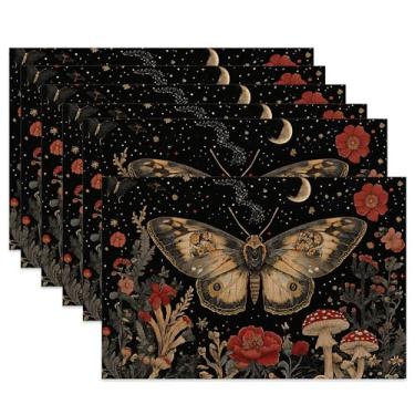 Imagem de Jogo americano de pano de traça, cogumelo papoula vermelha, resistente ao calor, conjunto de 6, tapetes de linho laváveis para decoração de mesa de sala de jantar, casa, restaurante, cafés, festas de