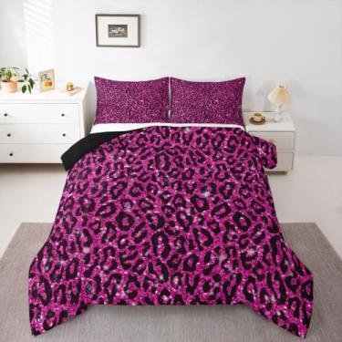 Imagem de jejeloiu Jogo de cama casal de leopardo, com glitter, pele de vaca, para quarto de crianças, meninos, meninas, decoração de microfibra ultramacia e respirável