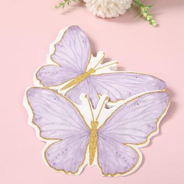 Imagem de Guardanapos de borboleta roxa, tapetes de mesa descartáveis em massa com borda dourada, jogo americano de papel para primavera, verão, casamento, chá de bebê, aniversário e festa, cozinha, mesa de