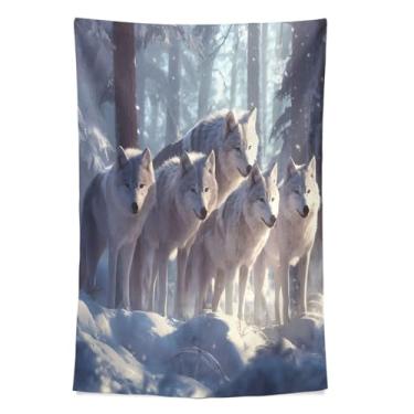 Imagem de STAYTOP Tapeçaria de parede de lobos na neve, tapeçarias para decoração de casa, decoração de dormitório, sala de estar, quarto, tapete de parede (60 × 51 pol.)