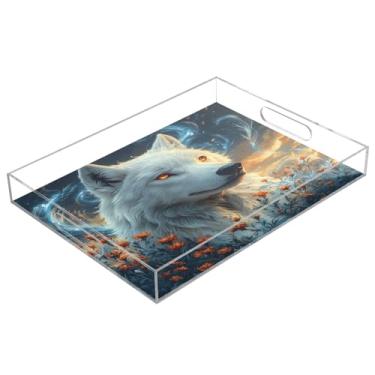 Imagem de STAYTOP Bandeja acrílica para servir lobo branco com olhos brilhantes, 15,7 x 11,20 cm, bandejas decorativas à prova de derramamento, organizador de bancada para café da manhã, chá, comida, maquiagem