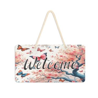 Imagem de Burbuja Placa de boas-vindas de árvores de borboletas para porta da frente, placa de boas-vindas de PVC para decoração de férias, varanda de fazenda, 15 x 28 cm