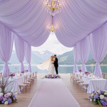 Imagem de Cortinas de teto roxas lilás de 3 m x 20 m para festas de casamento, 2 painéis, cortina de teto de 1,5 x 20 m de comprimento para tenda de cobertura, sem rugas, sem rugas, para eventos, igreja, palco