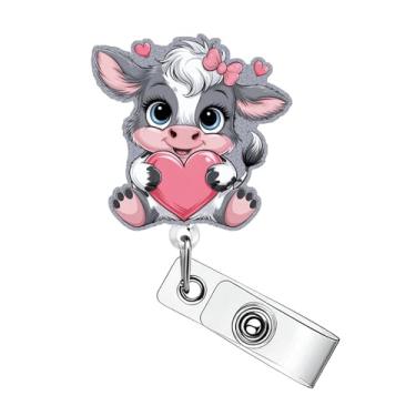 Imagem de Carretel de crachá de vaca fofo com coração rosa do amor, carretéis retráteis, suporte de crachá de vaca fofo com clipe retrátil, clipe de crachá de acrílico, material de escritório de dia dos