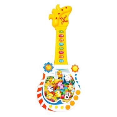 Imagem de Guitarra Musical Infantil Educativa, Plástico, 43cm x 10cm, com Luzes e Sons de Animais, 8 Teclas, Modo Perguntas Matemáticas, para Crianças +3 Anos, Alimentação 3 Pilhas AA