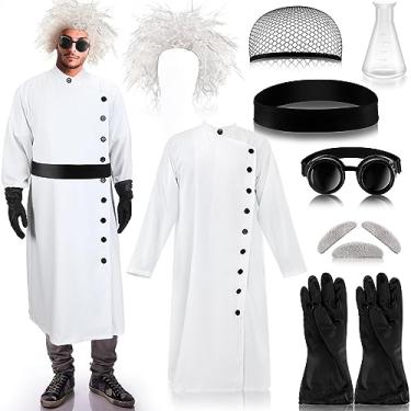 Imagem de Jiuguva 9 peças de fantasia de cientista maluco de Halloween para homens adultos, incluindo casaco, cinto, copo, luvas, óculos, peruca, bigode e sobrancelhas, Preto, G