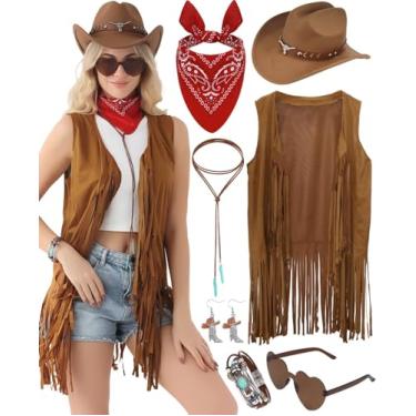 Imagem de Roupas femininas de caubói ocidental com franja longa sem mangas, colete retrô dos anos 70, acessórios de caubói hippie country, conjunto de 7 peças, Marrom, Large