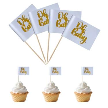 Imagem de TMHTMH 100 peças de ouro Oh Baby Cake Topper, mini palito de chá de bebê, bandeiras de palito de dente, crianças, meninos, meninas, festa de aniversário, decoração temática de bolo