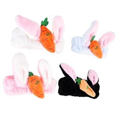 Imagem de LiebeWH Tiara Com Orelhas de Coelho, Tiara de Pelúcia 4 Peças, Elástico Macio para Lavar o Rosto, Maquiagem Com Cenoura 4 Estilos, Fácil de Usar, Multiuso