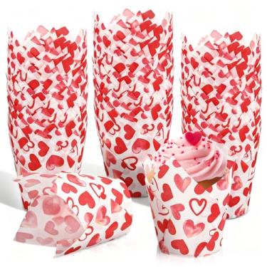 Imagem de FYSUIMU 200 peças de forros de cupcake de tulipa para o dia dos namorados, copos de panificação, aquarela, vermelho, rosa, coração, cupcake para casamento, aniversário, suprimentos para decoração de