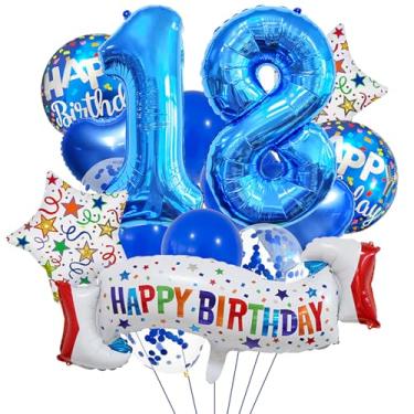 Imagem de Conjunto de decoração de aniversário de 18 anos, balão de coração azul de 18 anos, balão colorido de feliz aniversário de 18 anos para meninas, meninos, crianças, adultos, decoração de aniversário de