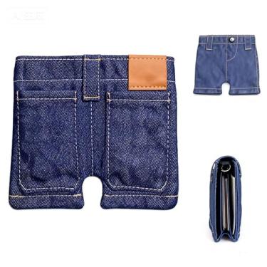 Imagem de Carteira jeans com bolso, mini jeans, porta-cartões divertida, dobrável, com compartimentos, carteira fina e portátil para mulheres, cartões, chaves, dinheiro
