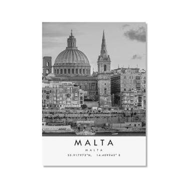 Imagem de Pôster de viagem preto e branco impressão paisagem da cidade do mundo pintura em tela Malta arte de parede decoração de casa (8 x 12 polegadas (20 x 30 cm), sem moldura)