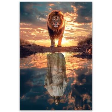 Imagem de Arte de parede em tela Jesus e Leão, impressão de pôster religioso cristão, arte inspiradora de Jesus e Rei Leão para decoração de sala de estar e quarto 40,6 x 61 cm sem moldura