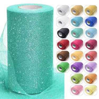 Imagem de Rolos de tecido de tule com glitter azul aqua, 15,8 cm x 50 m, fita de carretel cintilante, rede de lantejoulas para decoração de tutu faça você mesmo, decoração de casamento, chá de bebê, festa de